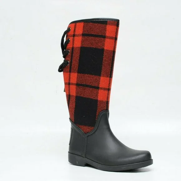 Coach Tristee Rain Boots Red Black Buffalo Plaid Tartan Womens 6B Lace Up Rubber - Picture 4 of 9